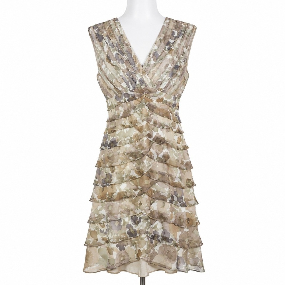 Spiegel Floral Tiered Chiffon Dress 10‎ Sleeveless Pleated Wedding Guest Party